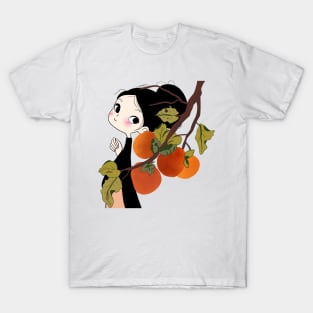 Curious Girl Peeking Behind a Persimmon Tree Branch with Orange Fruits and Green Leaves T-Shirt